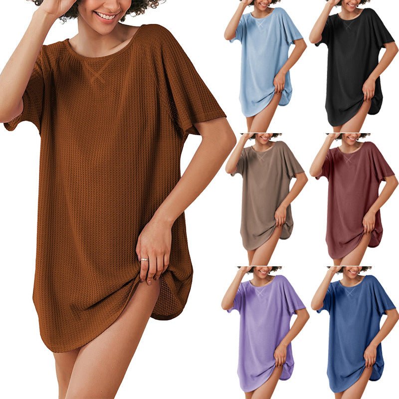 European and American Cross-Border Women's Casual Round Neck Dress Summer Short-Sleeved Waffle Long Women's Home Clothes Fashion - Cozy & Co. Market