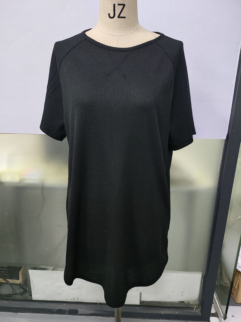 European and American Cross-Border Women's Casual Round Neck Dress Summer Short-Sleeved Waffle Long Women's Home Clothes Fashion - Cozy & Co. Market