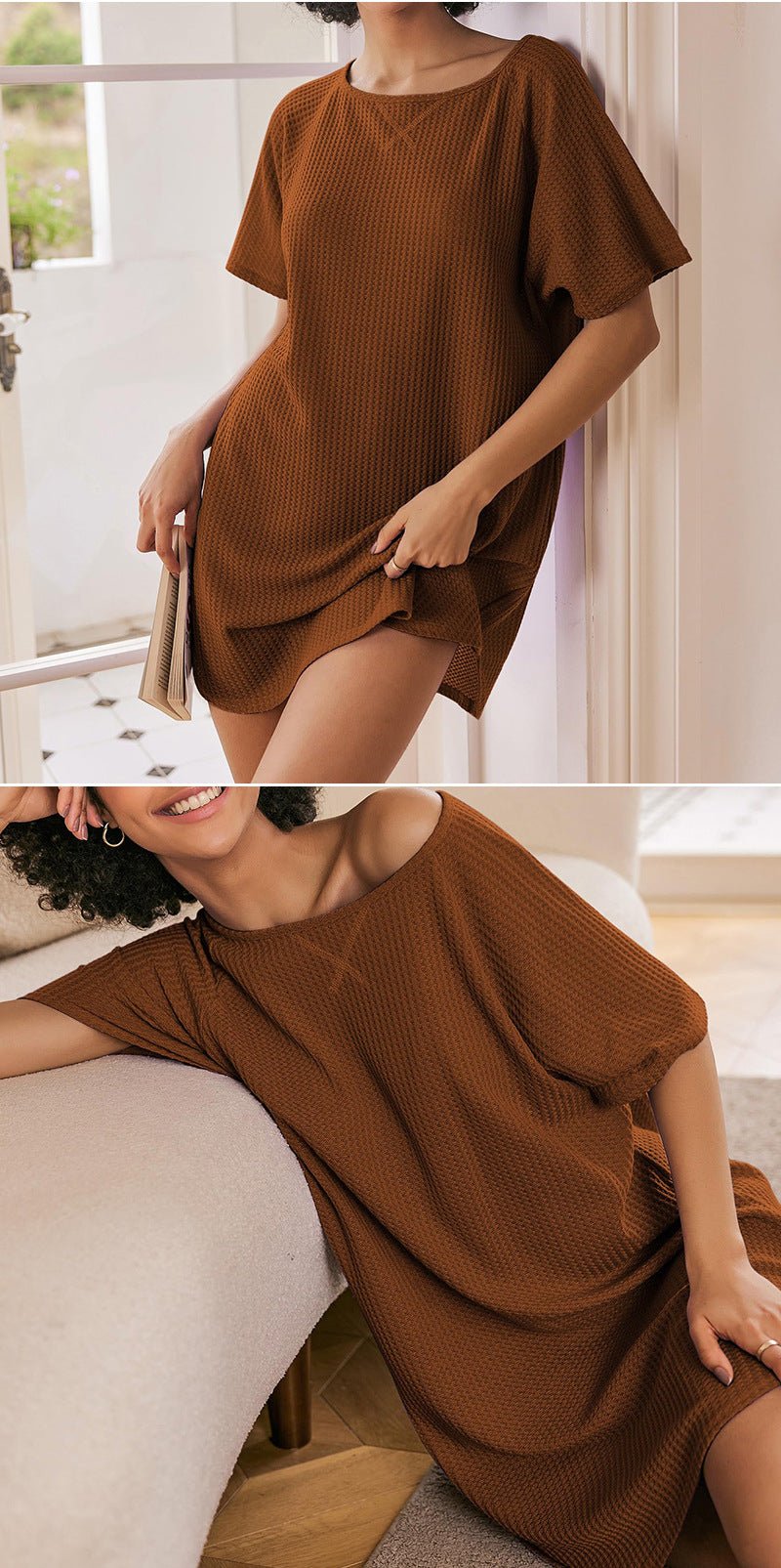 European and American Cross-Border Women's Casual Round Neck Dress Summer Short-Sleeved Waffle Long Women's Home Clothes Fashion - Cozy & Co. Market