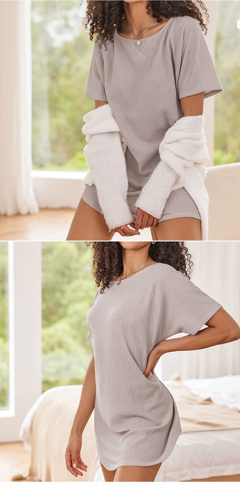 European and American Cross-Border Women's Casual Round Neck Dress Summer Short-Sleeved Waffle Long Women's Home Clothes Fashion - Cozy & Co. Market