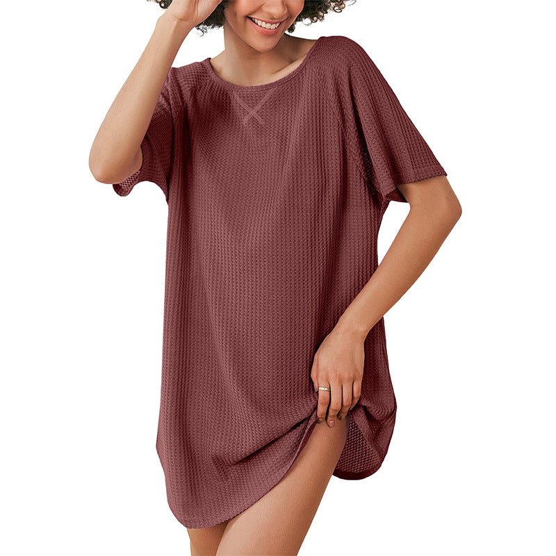 European and American Cross-Border Women's Casual Round Neck Dress Summer Short-Sleeved Waffle Long Women's Home Clothes Fashion - Cozy & Co. Market