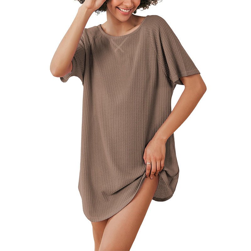 European and American Cross-Border Women's Casual Round Neck Dress Summer Short-Sleeved Waffle Long Women's Home Clothes Fashion - Cozy & Co. Market