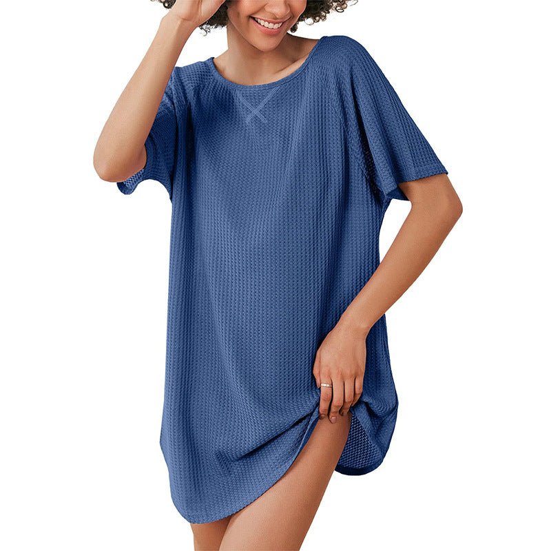 European and American Cross-Border Women's Casual Round Neck Dress Summer Short-Sleeved Waffle Long Women's Home Clothes Fashion - Cozy & Co. Market