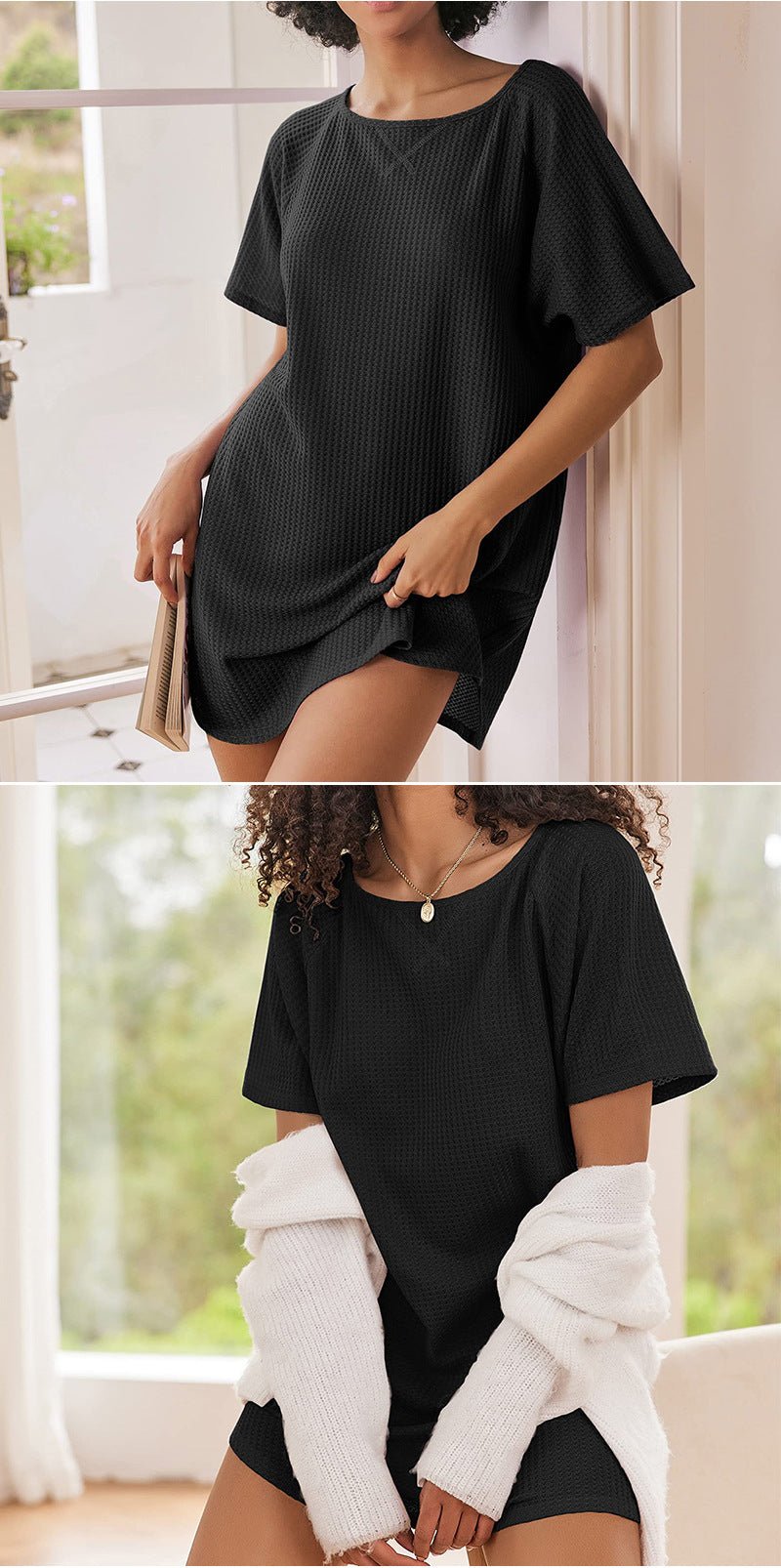 European and American Cross-Border Women's Casual Round Neck Dress Summer Short-Sleeved Waffle Long Women's Home Clothes Fashion - Cozy & Co. Market