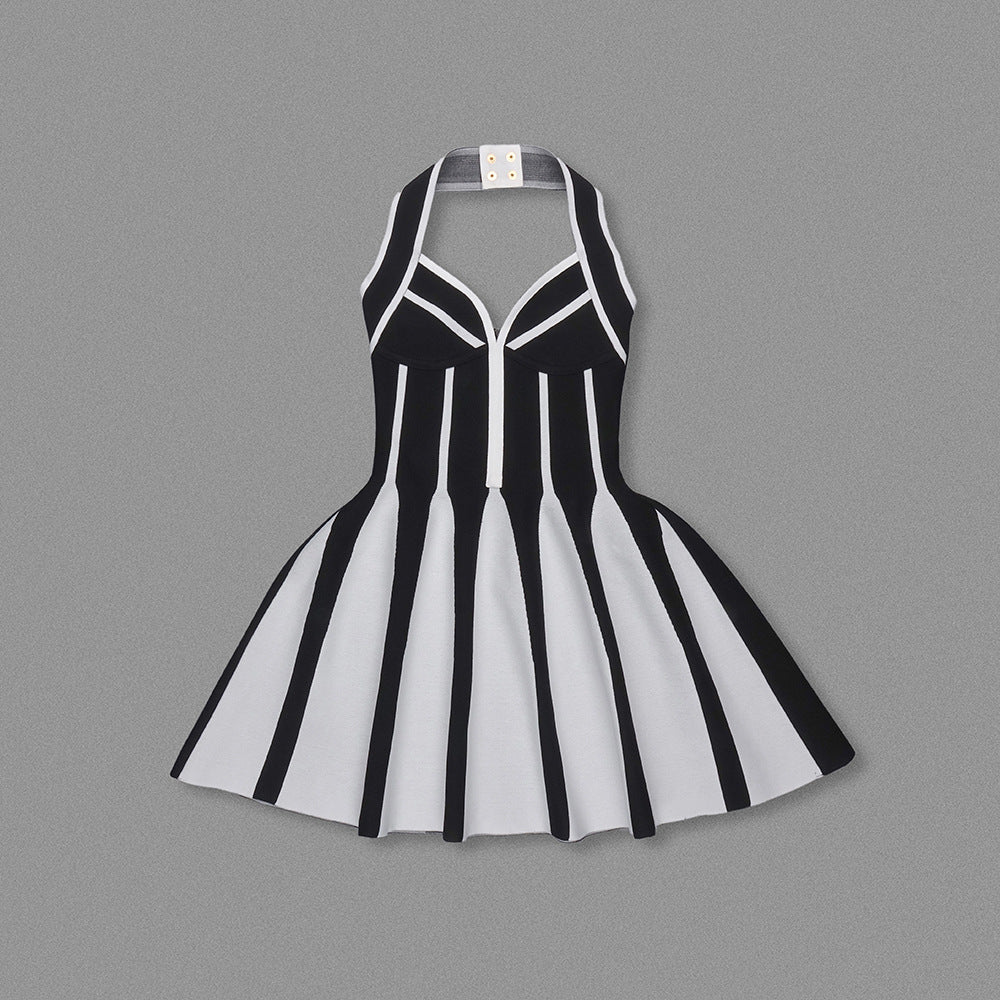 European and American Fashion Brand Hanging Neck A- Line Skirt Black and White Stripe Elastic Bandage Skirt Spice Girls Backless Vacation Travel Dress for Women - Cozy & Co. Market