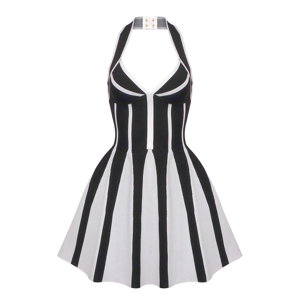 European and American Fashion Brand Hanging Neck A- Line Skirt Black and White Stripe Elastic Bandage Skirt Spice Girls Backless Vacation Travel Dress for Women - Cozy & Co. Market