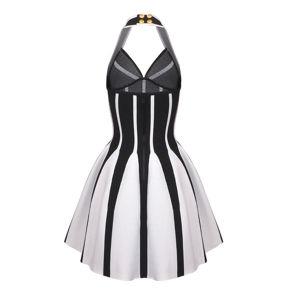 European and American Fashion Brand Hanging Neck A- Line Skirt Black and White Stripe Elastic Bandage Skirt Spice Girls Backless Vacation Travel Dress for Women - Cozy & Co. Market