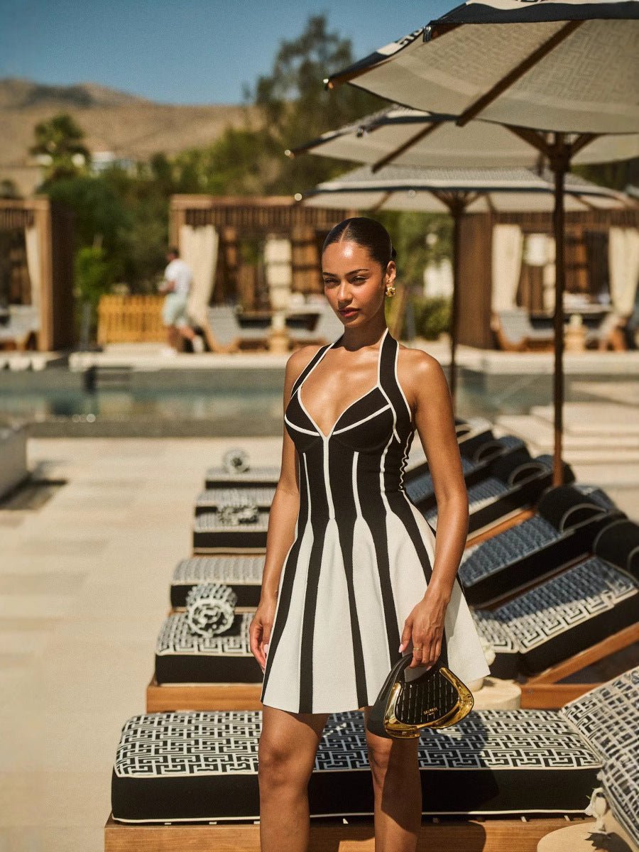 European and American Fashion Brand Hanging Neck A- Line Skirt Black and White Stripe Elastic Bandage Skirt Spice Girls Backless Vacation Travel Dress for Women - Cozy & Co. Market