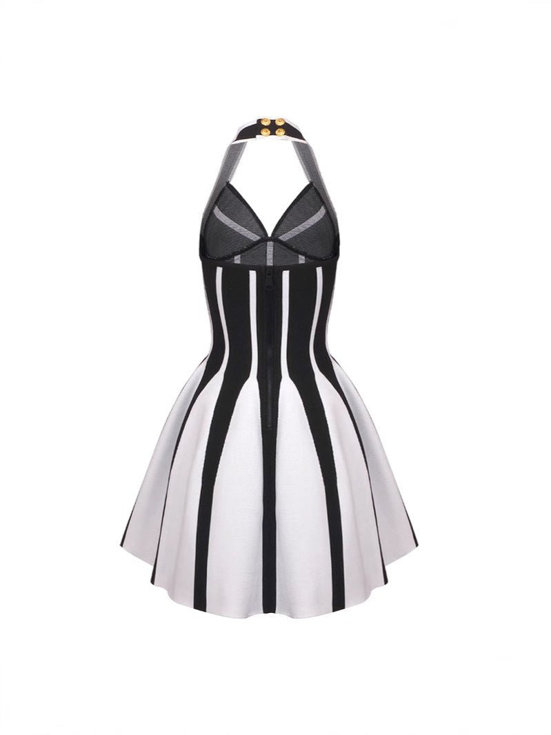 European and American Fashion Brand Hanging Neck A- Line Skirt Black and White Stripe Elastic Bandage Skirt Spice Girls Backless Vacation Travel Dress for Women - Cozy & Co. Market