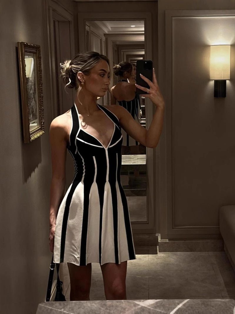 European and American Fashion Brand Hanging Neck A- Line Skirt Black and White Stripe Elastic Bandage Skirt Spice Girls Backless Vacation Travel Dress for Women - Cozy & Co. Market
