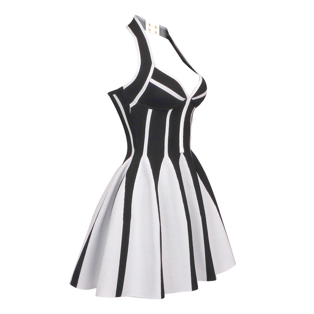 European and American Fashion Brand Hanging Neck A- Line Skirt Black and White Stripe Elastic Bandage Skirt Spice Girls Backless Vacation Travel Dress for Women - Cozy & Co. Market