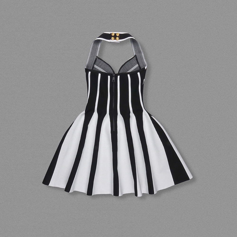 European and American Fashion Brand Hanging Neck A- Line Skirt Black and White Stripe Elastic Bandage Skirt Spice Girls Backless Vacation Travel Dress for Women - Cozy & Co. Market