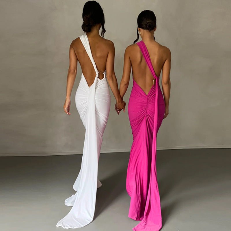 European and American style women's clothing 2025 spring and summer new sexy backless fold slim solid color sleeveless temperament dress - Cozy & Co. Market