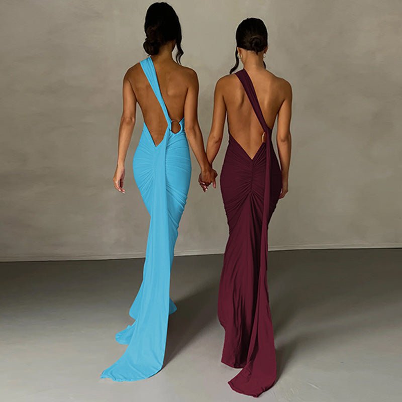 European and American style women's clothing 2025 spring and summer new sexy backless fold slim solid color sleeveless temperament dress - Cozy & Co. Market