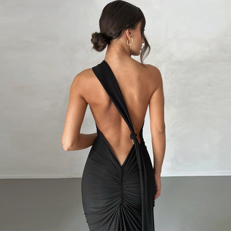 European and American style women's clothing 2025 spring and summer new sexy backless fold slim solid color sleeveless temperament dress - Cozy & Co. Market