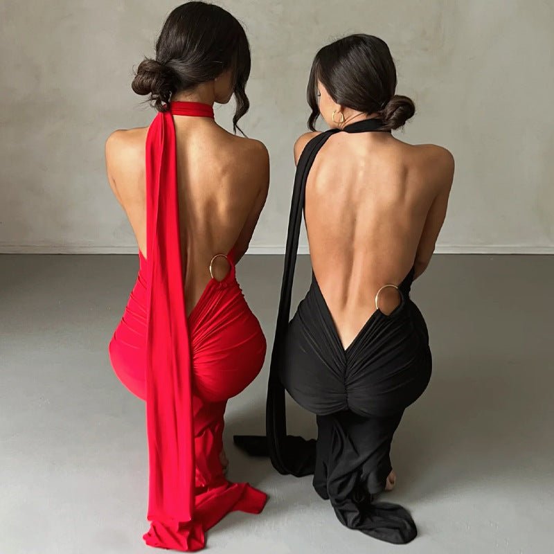 European and American style women's clothing 2025 spring and summer new sexy backless fold slim solid color sleeveless temperament dress - Cozy & Co. Market