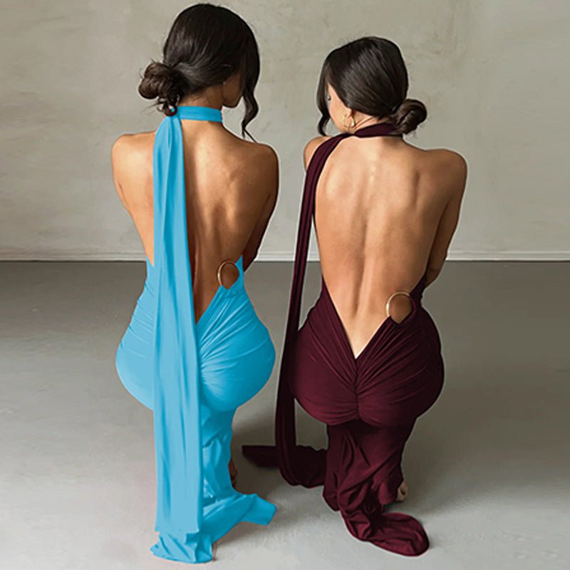 European and American style women's clothing 2025 spring and summer new sexy backless fold slim solid color sleeveless temperament dress - Cozy & Co. Market