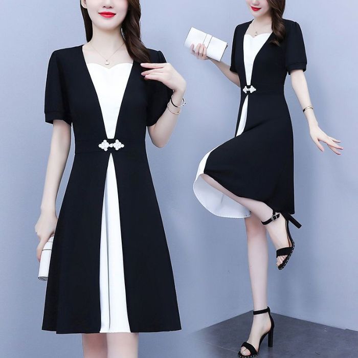 Fashion high-end summer chubby girl temperament stitching dress plus size women's belly-covering slimming temperament skirt - Cozy & Co. Market