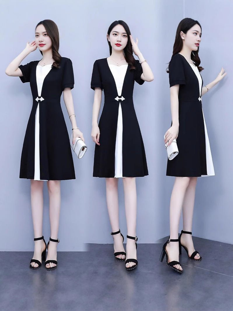 Fashion high-end summer chubby girl temperament stitching dress plus size women's belly-covering slimming temperament skirt - Cozy & Co. Market