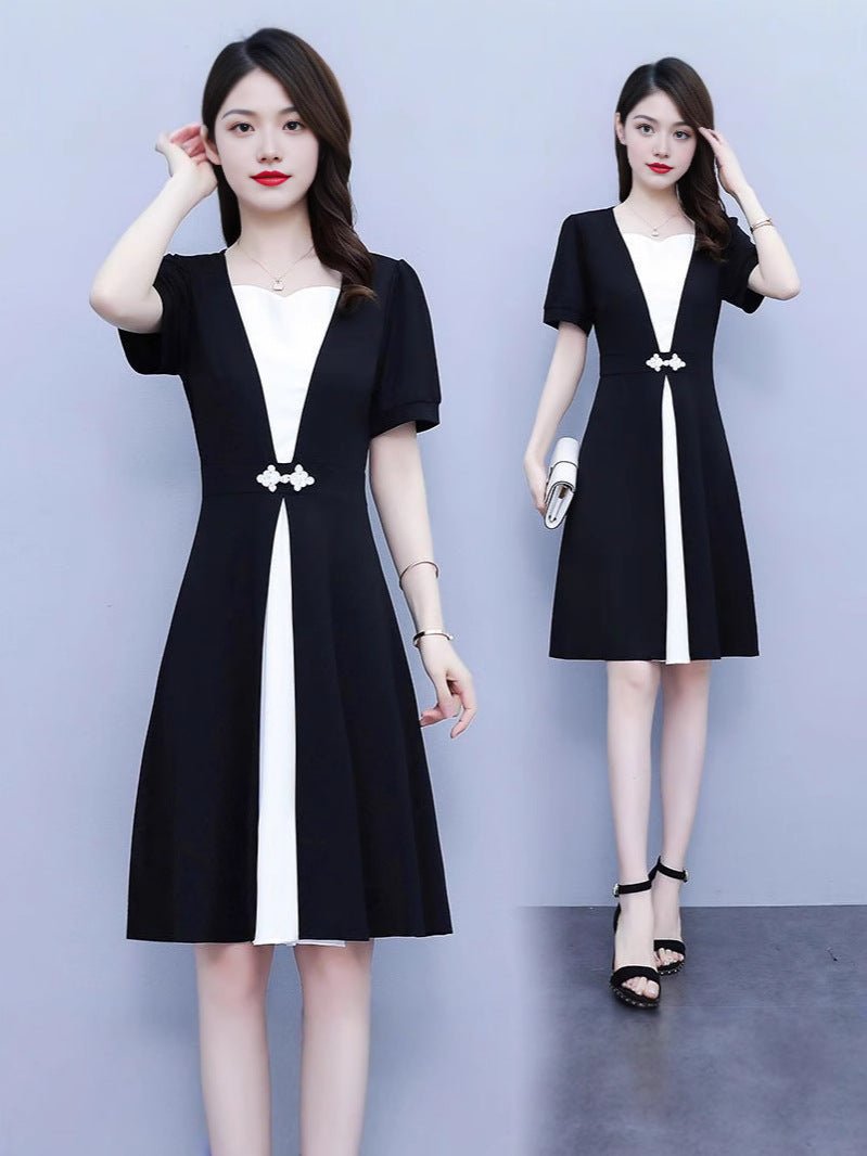 Fashion high-end summer chubby girl temperament stitching dress plus size women's belly-covering slimming temperament skirt - Cozy & Co. Market