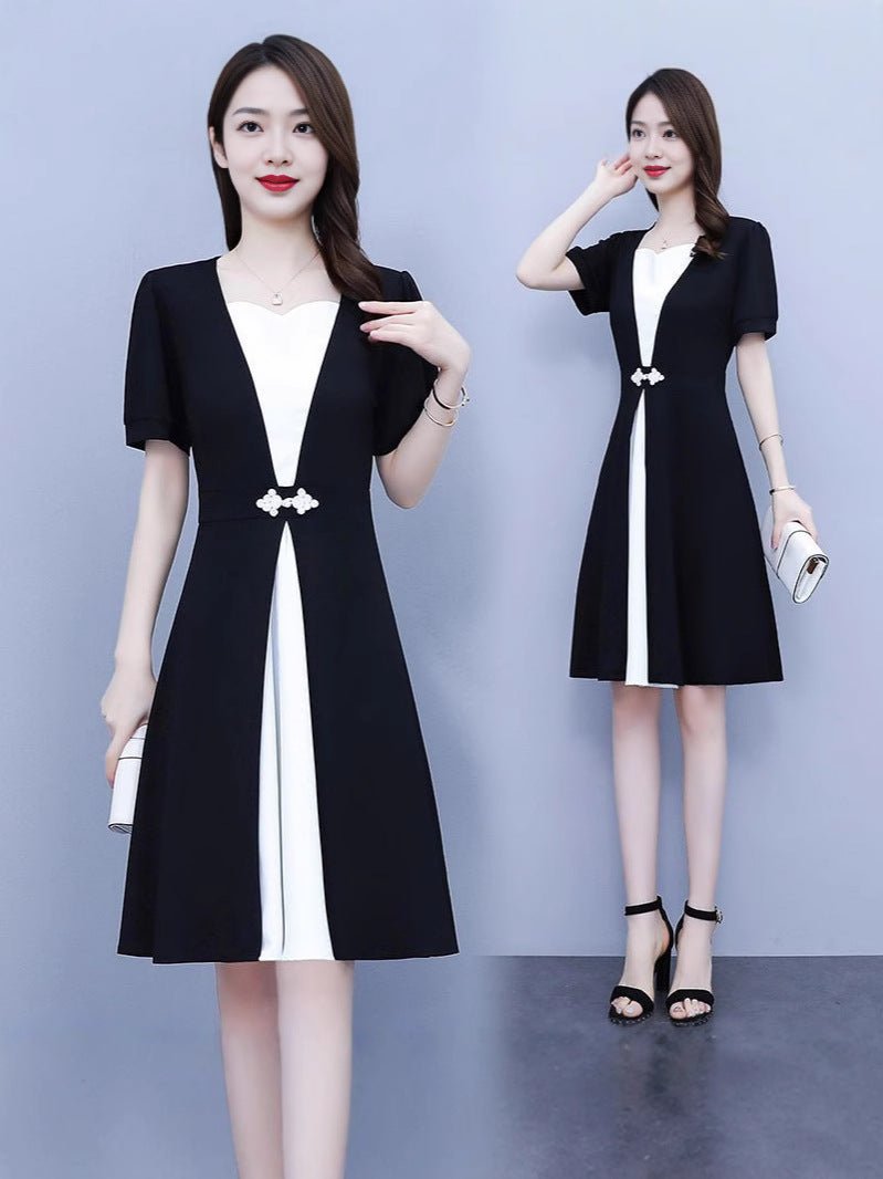 Fashion high-end summer chubby girl temperament stitching dress plus size women's belly-covering slimming temperament skirt - Cozy & Co. Market