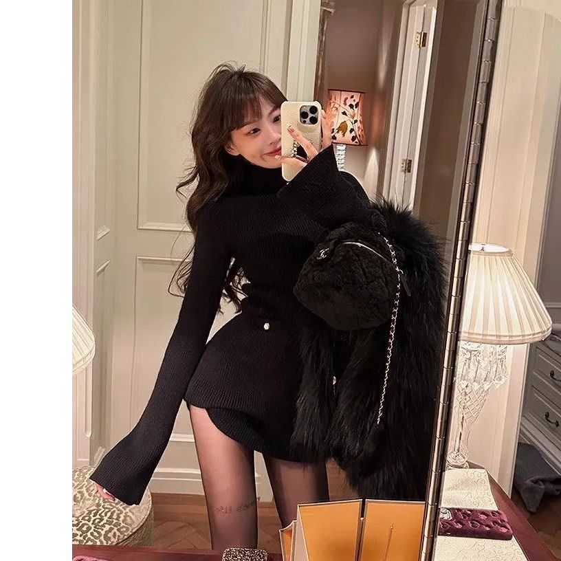 Fashion High Neck Knitted dress Children Autumn and Winter 2024 New High-end Sense Small Inner Base Hip Skirt - Cozy & Co. Market