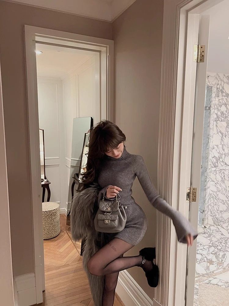 Fashion High Neck Knitted dress Children Autumn and Winter 2024 New High-end Sense Small Inner Base Hip Skirt - Cozy & Co. Market