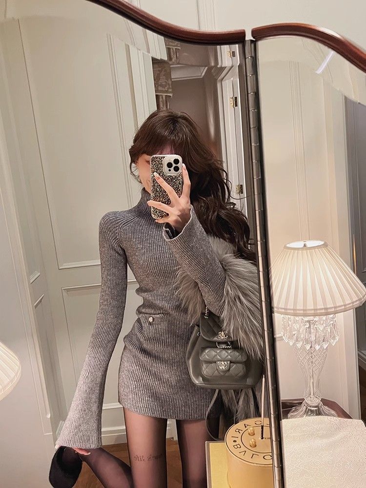 Fashion High Neck Knitted dress Children Autumn and Winter 2024 New High-end Sense Small Inner Base Hip Skirt - Cozy & Co. Market