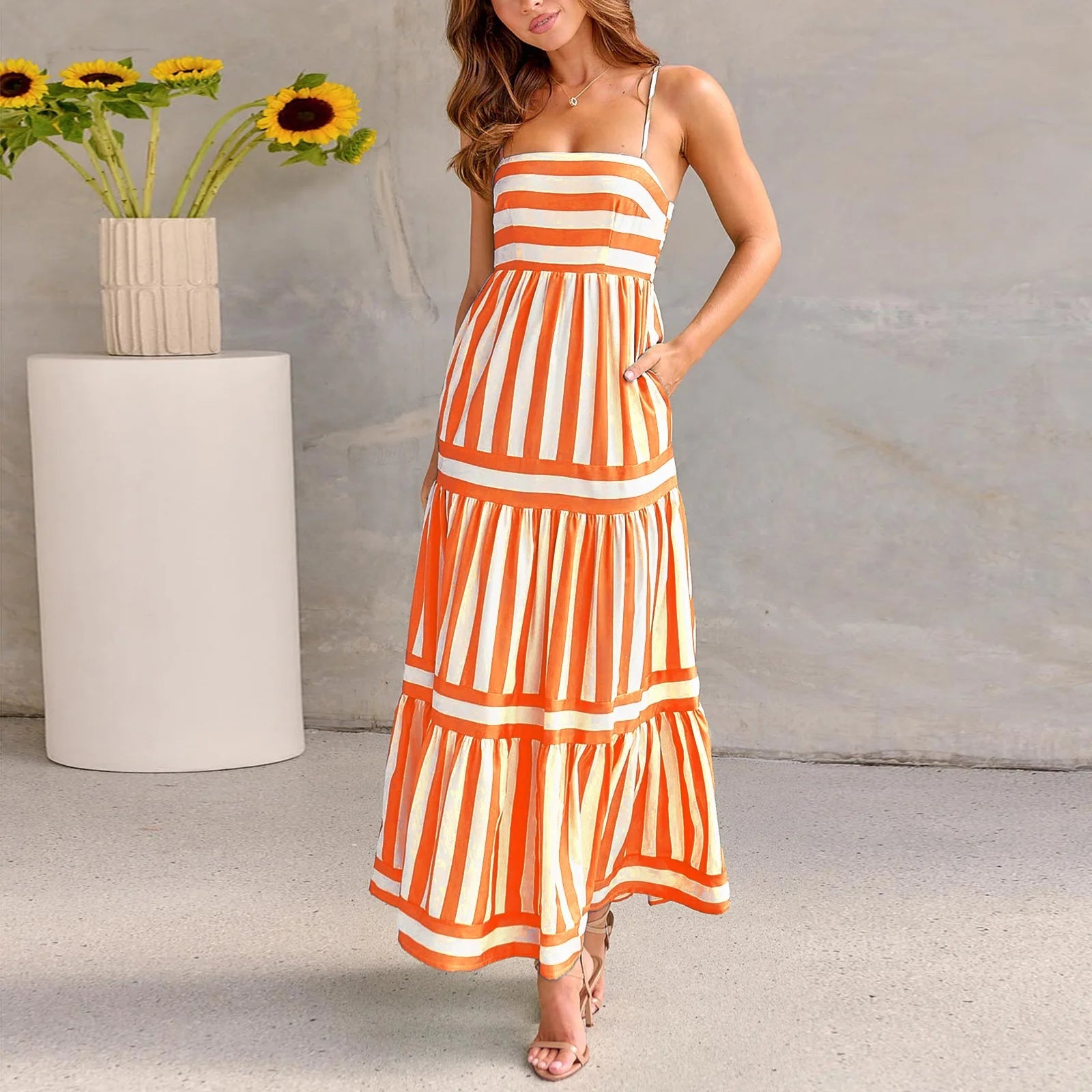 FCJ Summer Striped Printed Suspender Long Dress with Pockets Fashion Square Neck Backless Beach Vacation Cover Ups for Women - Cozy & Co. Market