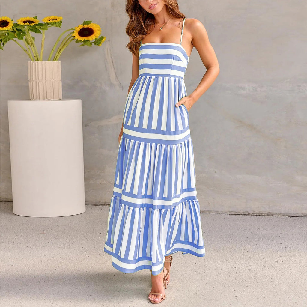 FCJ Summer Striped Printed Suspender Long Dress with Pockets Fashion Square Neck Backless Beach Vacation Cover Ups for Women - Cozy & Co. Market