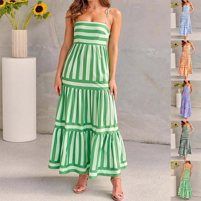 FCJ Summer Striped Printed Suspender Long Dress with Pockets Fashion Square Neck Backless Beach Vacation Cover Ups for Women - Cozy & Co. Market