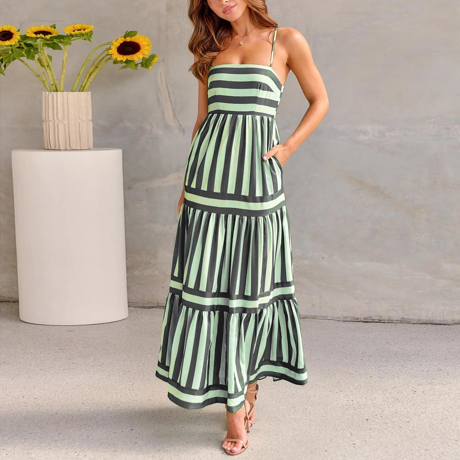 FCJ Summer Striped Printed Suspender Long Dress with Pockets Fashion Square Neck Backless Beach Vacation Cover Ups for Women - Cozy & Co. Market