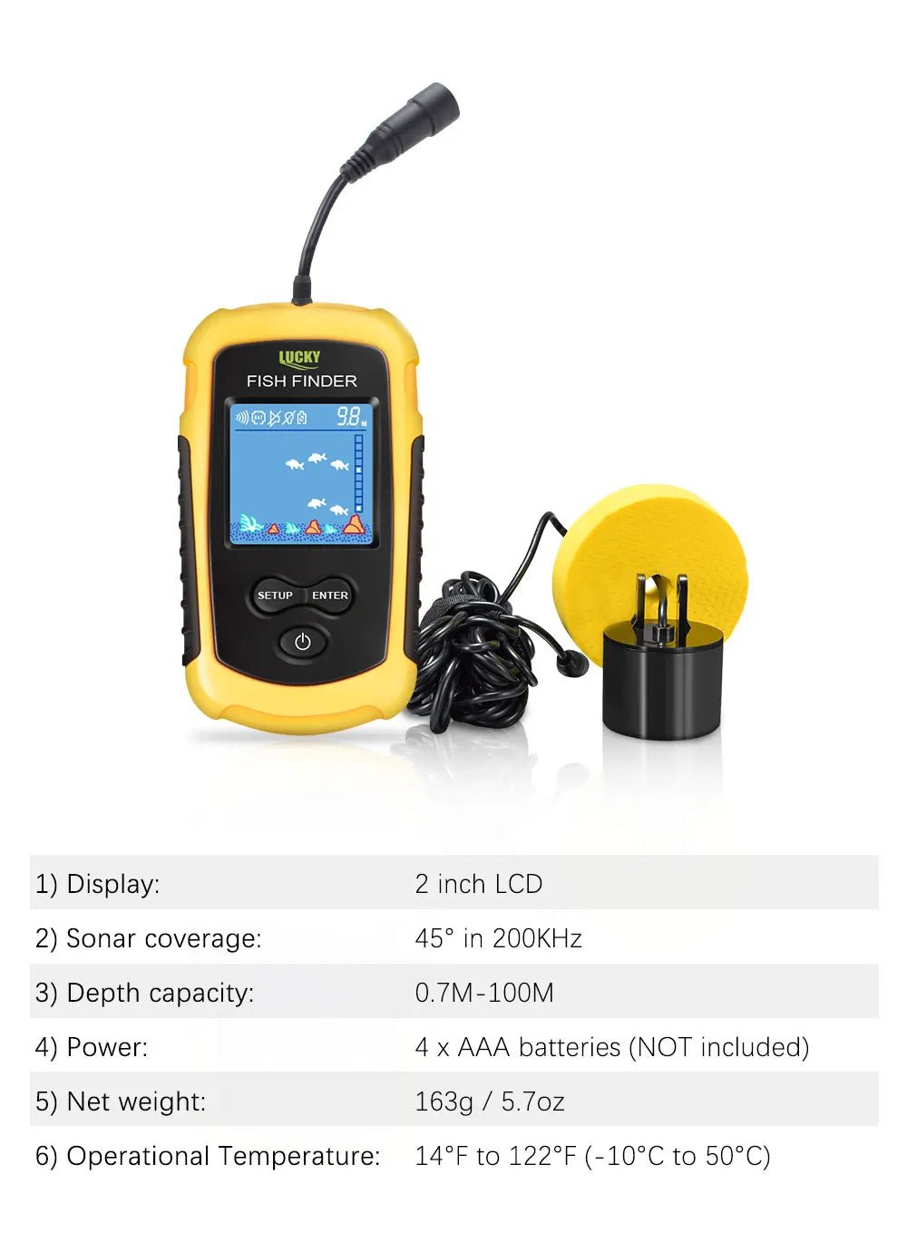 FFC1108-1 Alarm 100M Portable Sonar Fish Finders 45 degrees Sonar Coverage Echo Sounder Alarm Transducer Lake Sea Fishing - Cozy & Co. Market