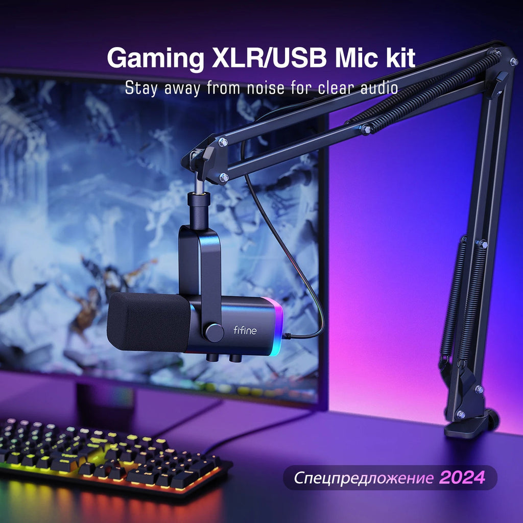 FIFINE XLR/USB Gaming Microphone Kit with Headphone Jack/Mute/RGB /Arm Stand,Dynamic Mic Set for PC PS5/4 Mixer AmpliGame AM8T - Cozy & Co. Market