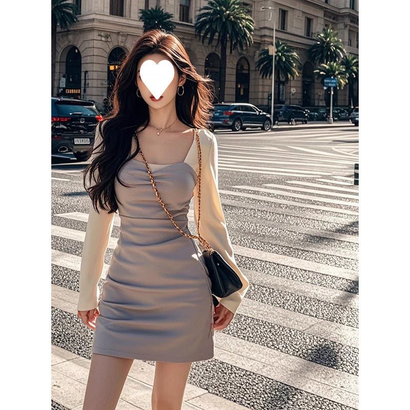 French-Style Square-Neck Dress for Women, New Autumn Style, Elegant Waist-Cinching Design, Slimming Effect, Color-Blocking Design, Long-Sleeve Bodycon Dress - Cozy & Co. Market