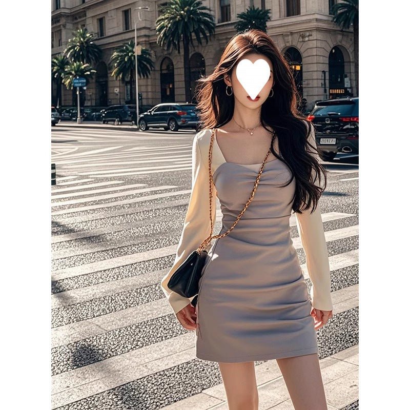 French-Style Square-Neck Dress for Women, New Autumn Style, Elegant Waist-Cinching Design, Slimming Effect, Color-Blocking Design, Long-Sleeve Bodycon Dress - Cozy & Co. Market