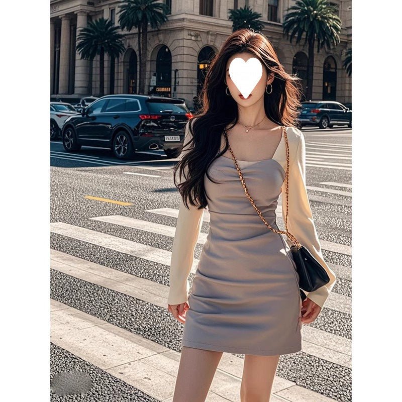 French-Style Square-Neck Dress for Women, New Autumn Style, Elegant Waist-Cinching Design, Slimming Effect, Color-Blocking Design, Long-Sleeve Bodycon Dress - Cozy & Co. Market