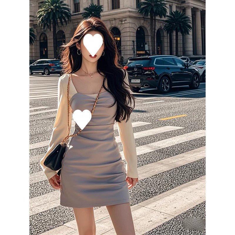 French-Style Square-Neck Dress for Women, New Autumn Style, Elegant Waist-Cinching Design, Slimming Effect, Color-Blocking Design, Long-Sleeve Bodycon Dress - Cozy & Co. Market