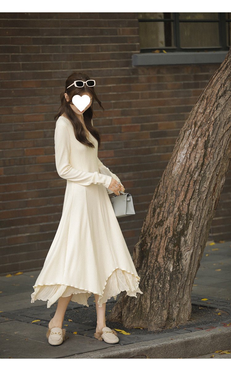 French V-neck Knitted Long-sleeved dress Women's Autumn and Winter New Matching Coat High-grade Chanel-style Irregular Long Dress - Cozy & Co. Market