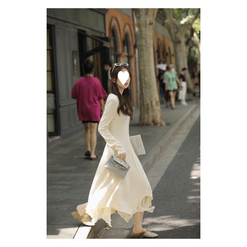 French V-neck Knitted Long-sleeved dress Women's Autumn and Winter New Matching Coat High-grade Chanel-style Irregular Long Dress - Cozy & Co. Market