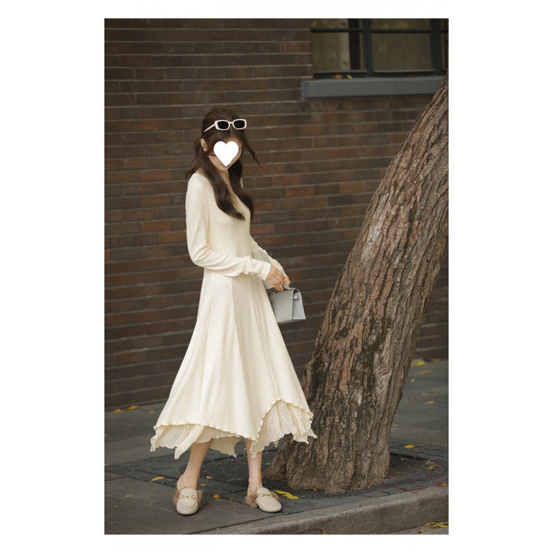 French V-neck Knitted Long-sleeved dress Women's Autumn and Winter New Matching Coat High-grade Chanel-style Irregular Long Dress - Cozy & Co. Market
