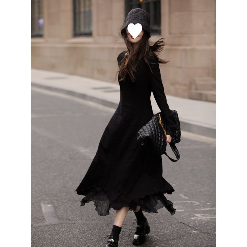 French V-neck Knitted Long-sleeved dress Women's Autumn and Winter New Matching Coat High-grade Chanel-style Irregular Long Dress - Cozy & Co. Market
