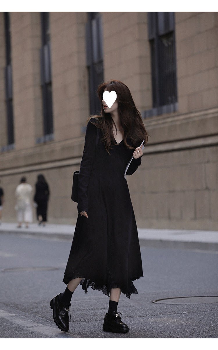French V-neck Knitted Long-sleeved dress Women's Autumn and Winter New Matching Coat High-grade Chanel-style Irregular Long Dress - Cozy & Co. Market