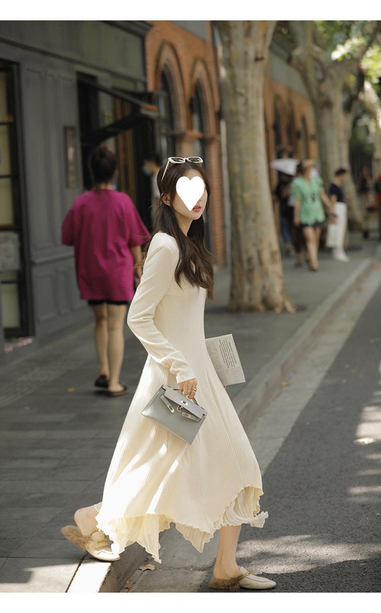 French V-neck Knitted Long-sleeved dress Women's Autumn and Winter New Matching Coat High-grade Chanel-style Irregular Long Dress - Cozy & Co. Market