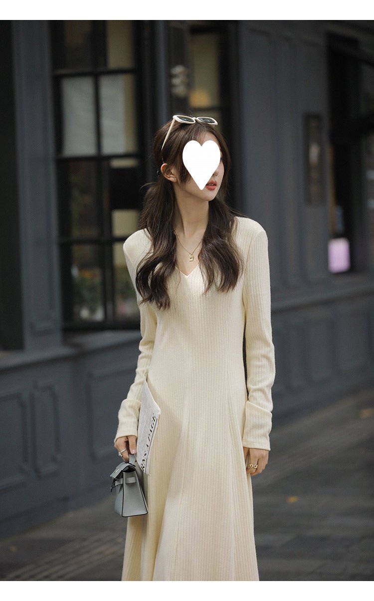 French V-neck Knitted Long-sleeved dress Women's Autumn and Winter New Matching Coat High-grade Chanel-style Irregular Long Dress - Cozy & Co. Market