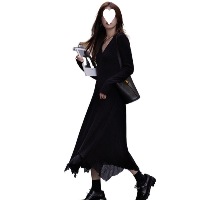 French V-neck Knitted Long-sleeved dress Women's Autumn and Winter New Matching Coat High-grade Chanel-style Irregular Long Dress - Cozy & Co. Market
