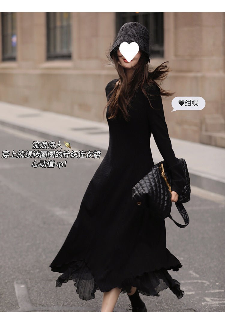 French V-neck Knitted Long-sleeved dress Women's Autumn and Winter New Matching Coat High-grade Chanel-style Irregular Long Dress - Cozy & Co. Market