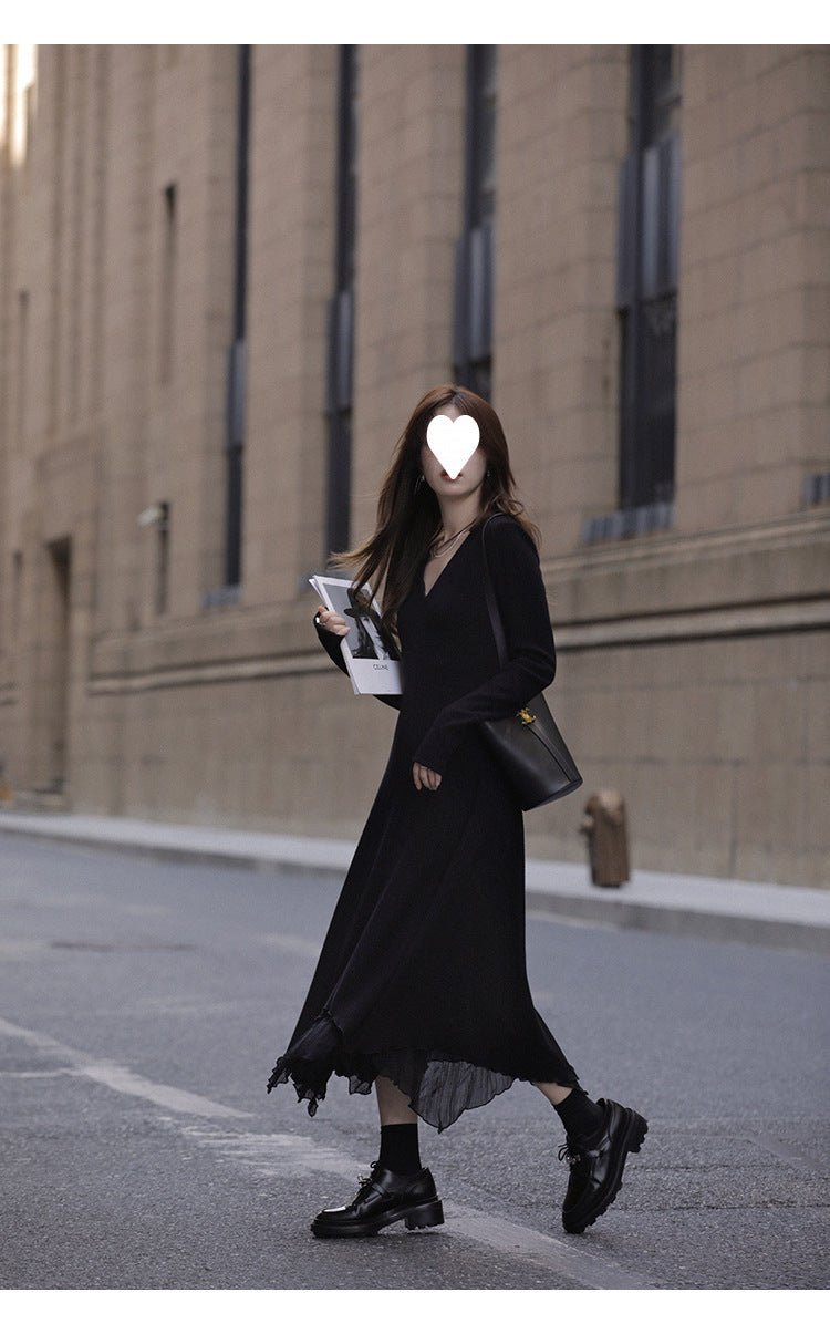 French V-neck Knitted Long-sleeved dress Women's Autumn and Winter New Matching Coat High-grade Chanel-style Irregular Long Dress - Cozy & Co. Market
