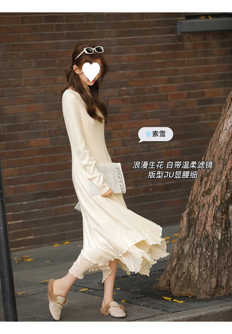 French V-neck Knitted Long-sleeved dress Women's Autumn and Winter New Matching Coat High-grade Chanel-style Irregular Long Dress - Cozy & Co. Market
