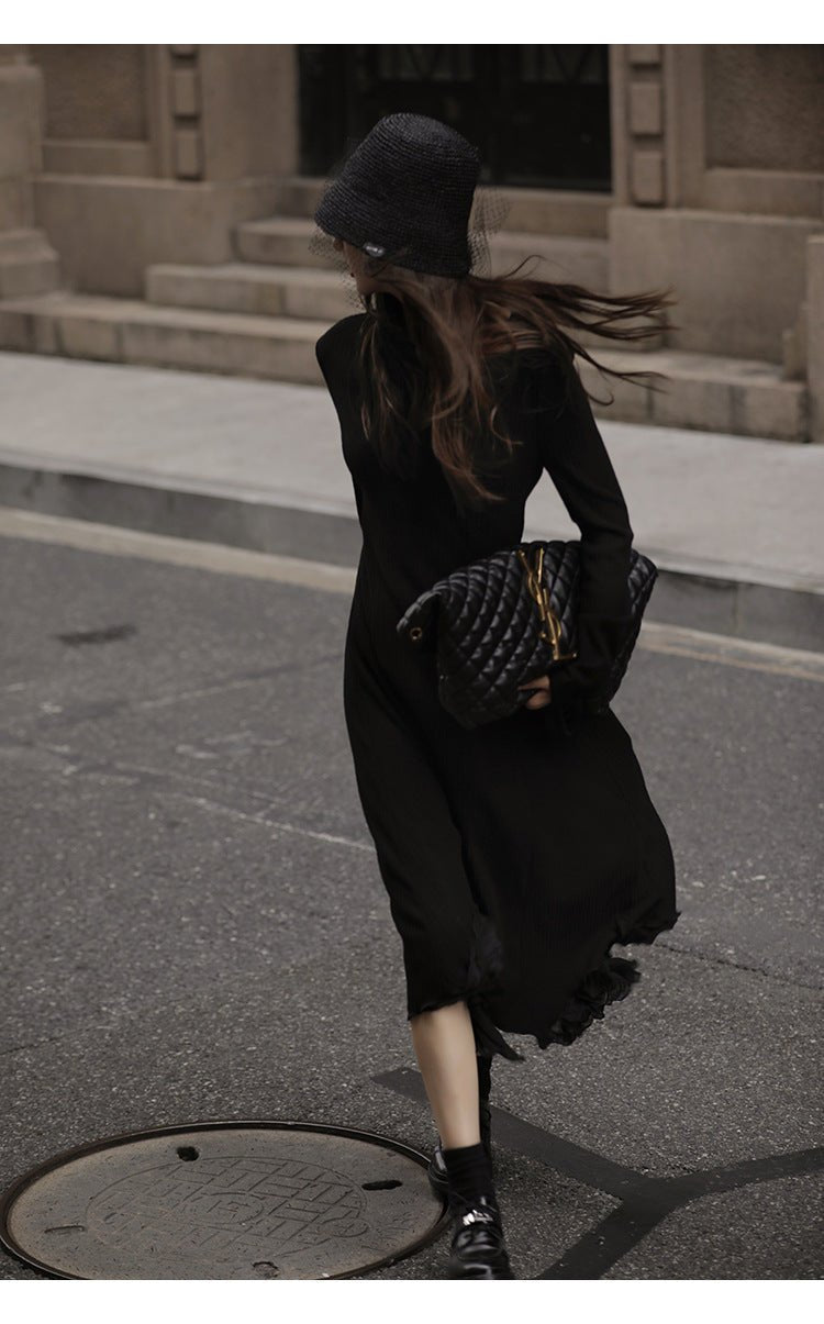 French V-neck Knitted Long-sleeved dress Women's Autumn and Winter New Matching Coat High-grade Chanel-style Irregular Long Dress - Cozy & Co. Market
